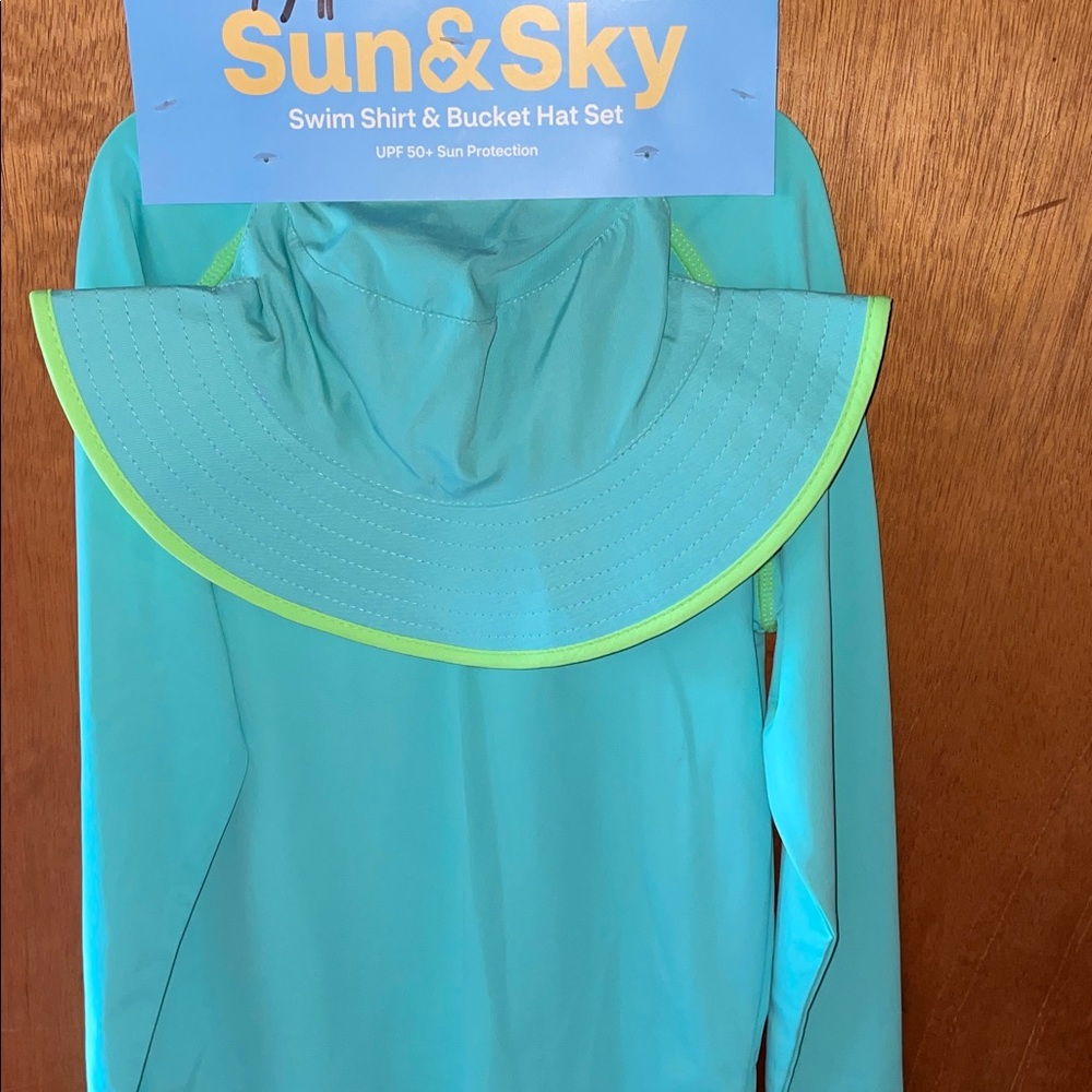Sun & Sky Kids Swim Shirt and Bucket Hat Set - Blue and Green